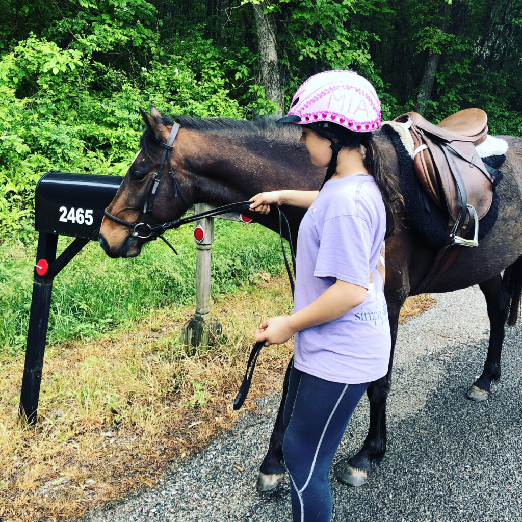 A child wearing a helmet and holding a horse